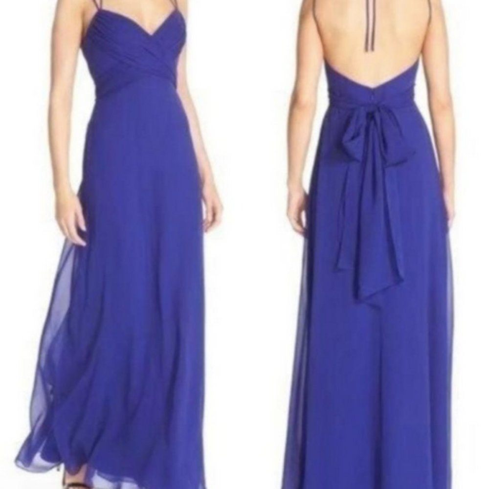BCBG Blue Rosabelle Open Back Silk Gown Formal Dress